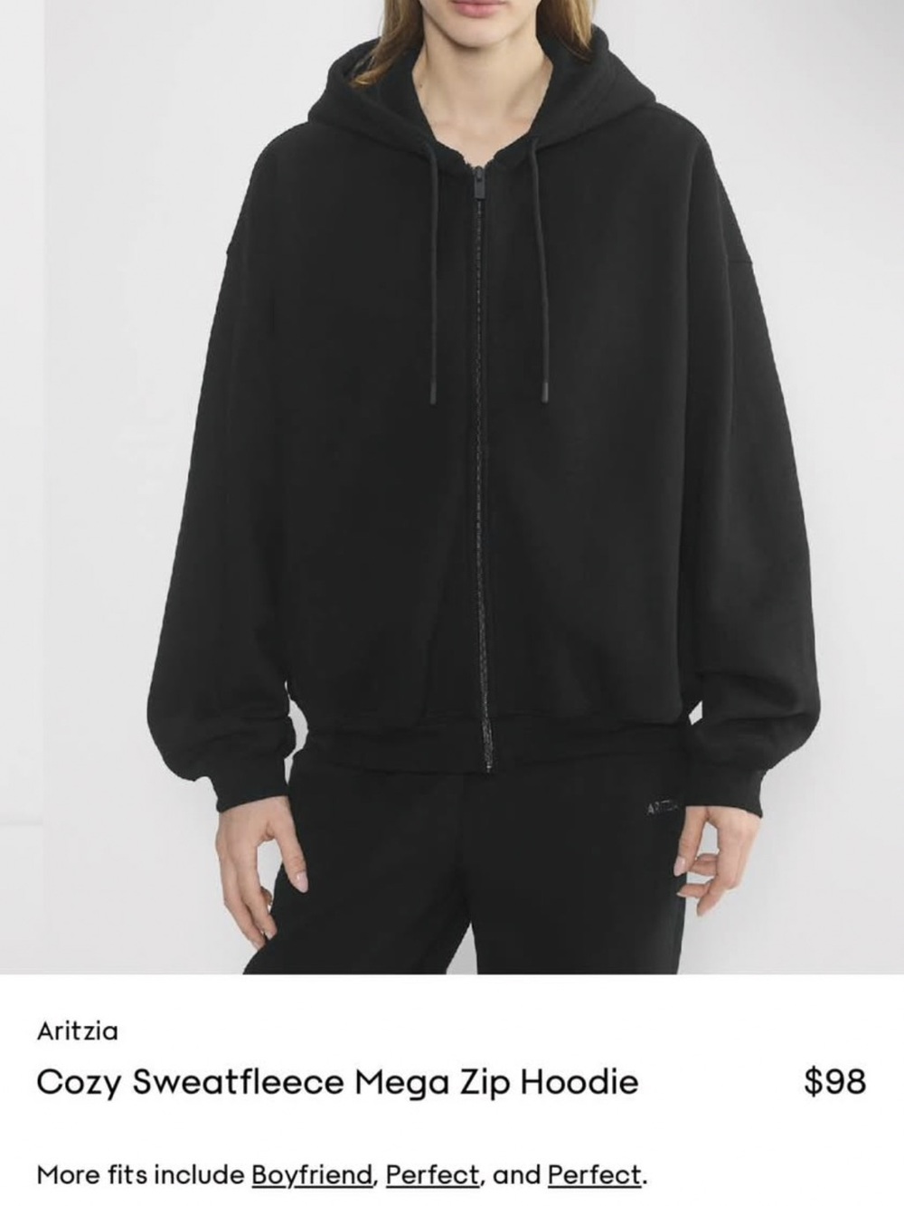 Aritzia Black cozy sweatfleece mega zip hoodie